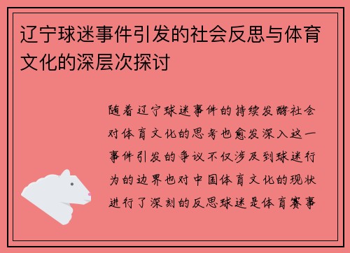 辽宁球迷事件引发的社会反思与体育文化的深层次探讨
