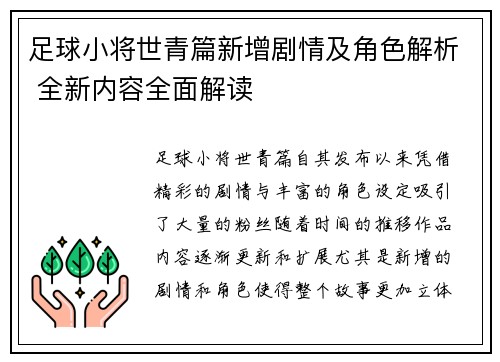 足球小将世青篇新增剧情及角色解析 全新内容全面解读